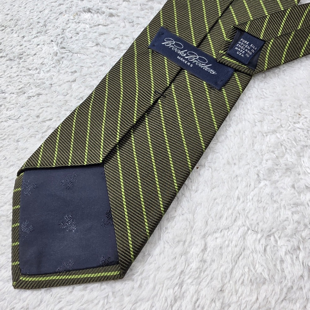 Brooks Brothers Tie Mens One Size Olive Green Striped Pure Silk England USA